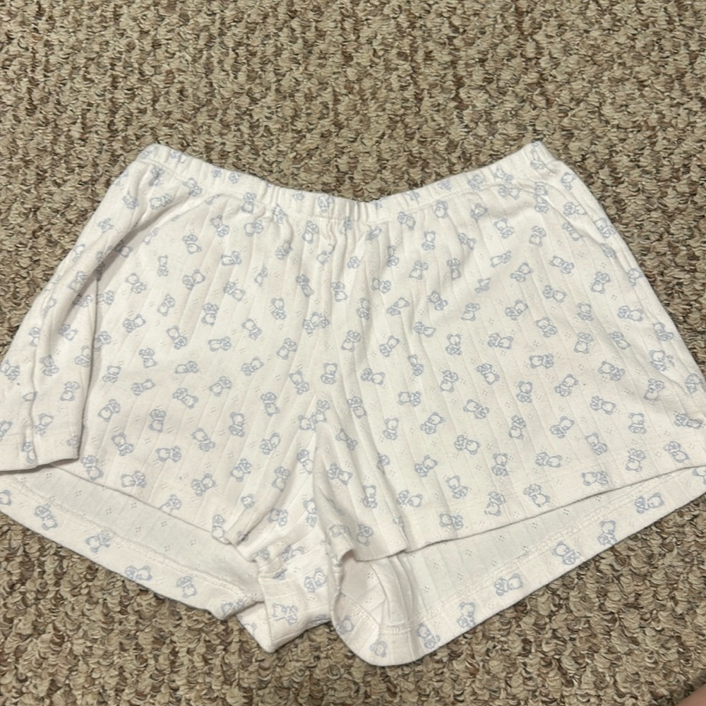 Brandy Melville White and Blue bear Patterned High Waisted sleep Shorts